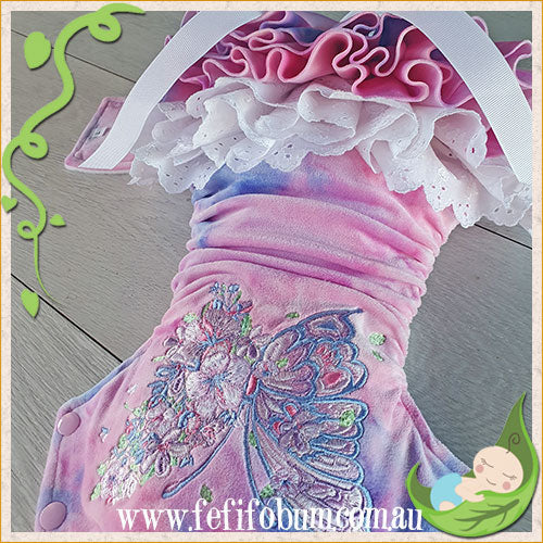 Embroidered Minky Nappy (LARGE) - Fairy Floss Butterfly ruffles