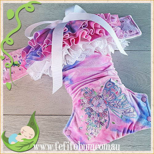Embroidered Minky Nappy (LARGE) - Fairy Floss Butterfly ruffles