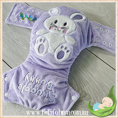 Embroidered Minky Nappy (LARGE) - Snuggle Bunny (lavender)