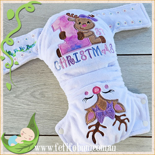 Embroidered Minky Nappy (LARGE) - 1st Christmas pretty reindeer ruffle