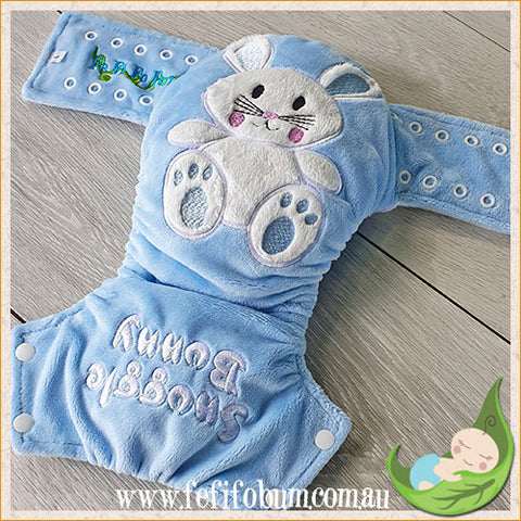 Embroidered Minky Nappy (LARGE) - Snuggle Bunny (baby blue)