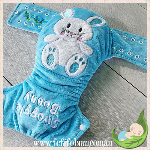 Embroidered Minky Nappy (LARGE) - Snuggle Bunny (light turquoise)